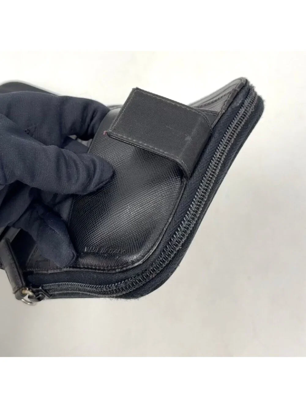 Prada Zip Around Leather Nylon Black Wallet Silver